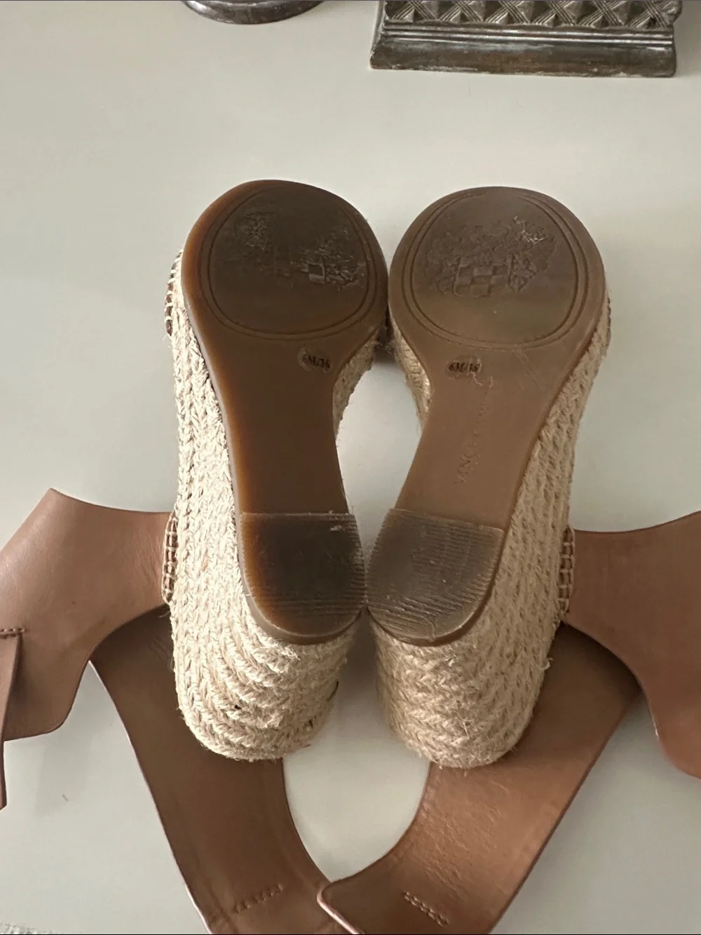 Vince Camuto Tan Leather Wedge Espadrille Sandals with Ankle Buckle